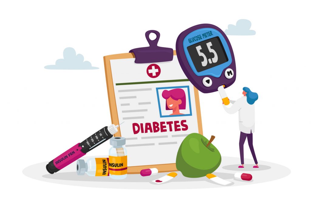 illustration of diabetic care items (insulin bottle, glucose meter, etc.)