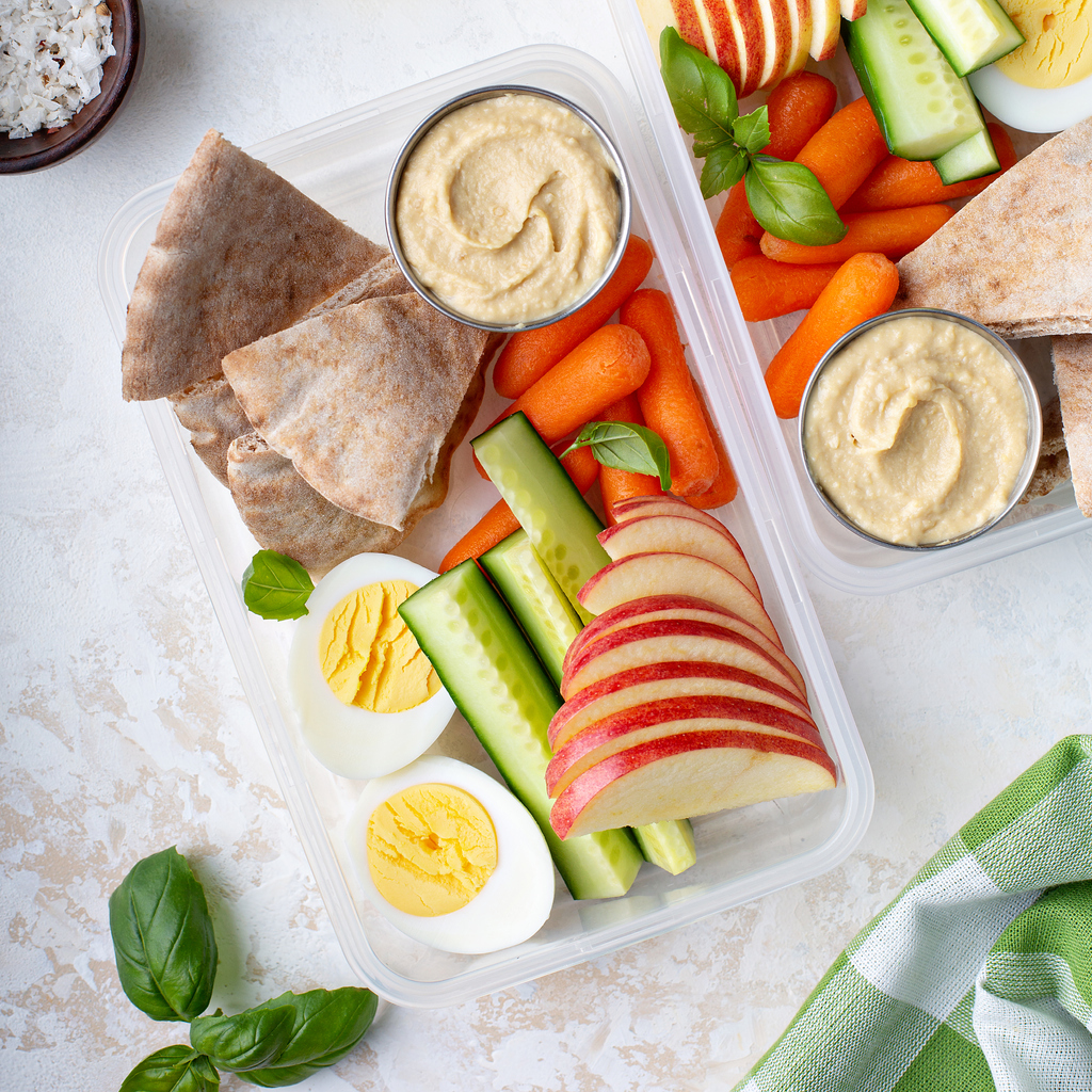 example of healthy eating snack: hard boiled eggs, veggie sticks, hummus