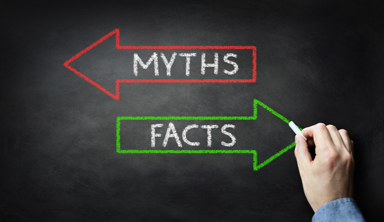 chalkboard with red myths arrow pointing left and green facts arrow pointing right